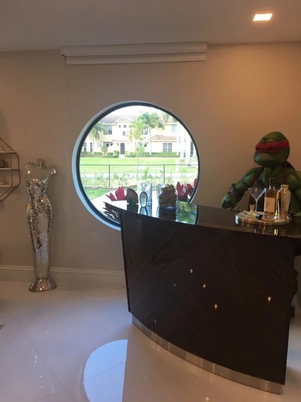 Circular feature window above a bar